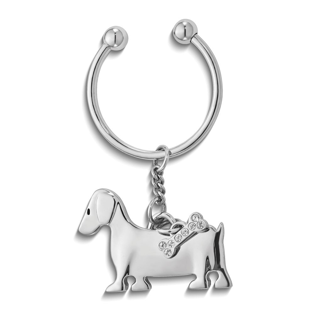 Silver-tone Dog with Crystal Bone Key Ring