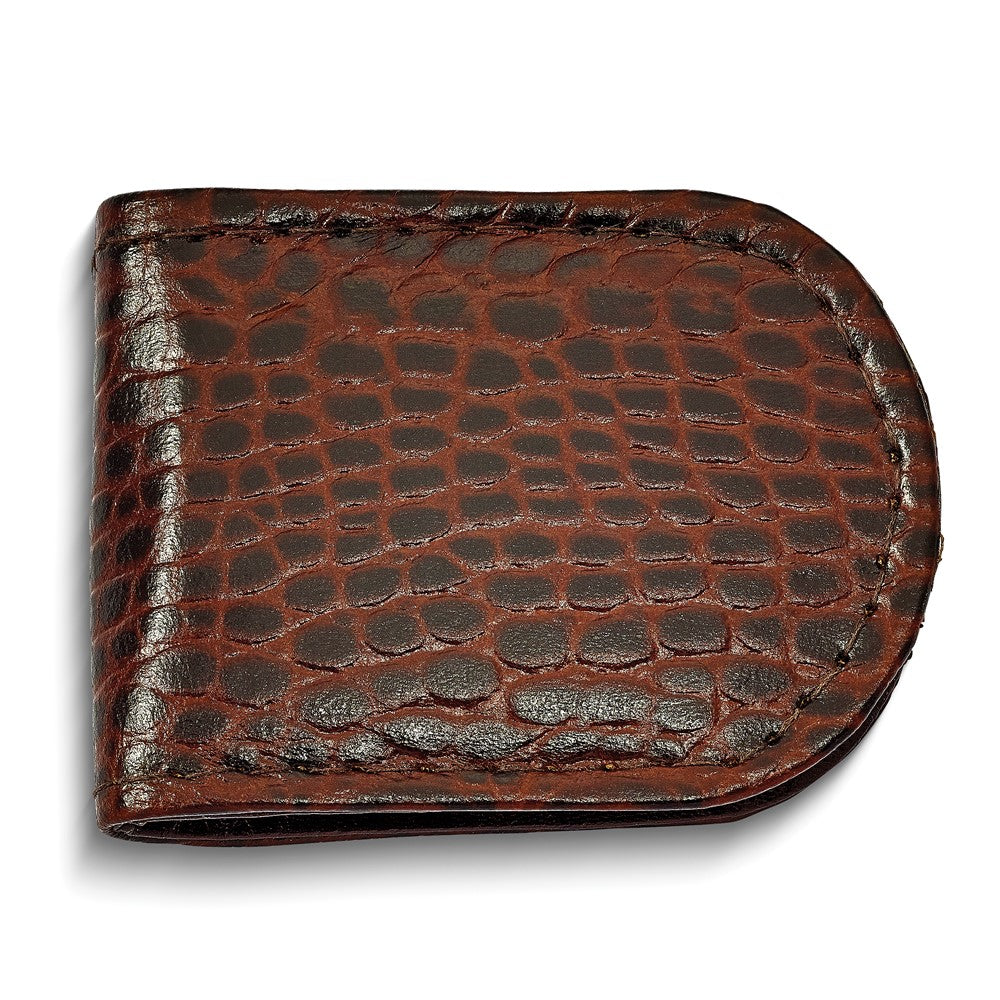 Brown Leather Crocodile Grain Magnetic Money Clip