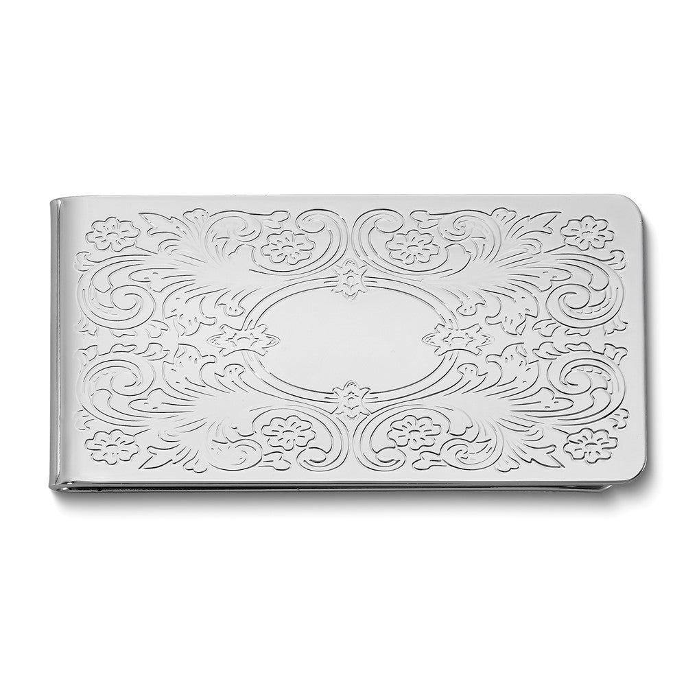 Silver-tone Intricate Pattern Money Clip with Engraving Area