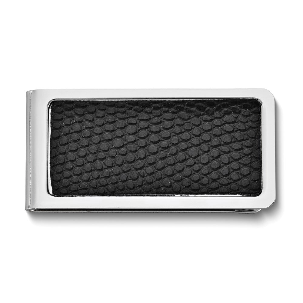 Black Lizard Texture Faux Leather Silver-tone Money Clip