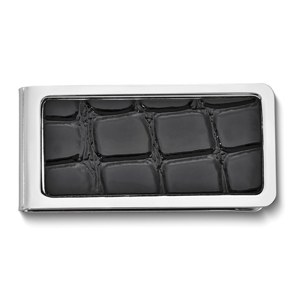 Black Croco Texture Faux Leather Silver-tone Money Clip