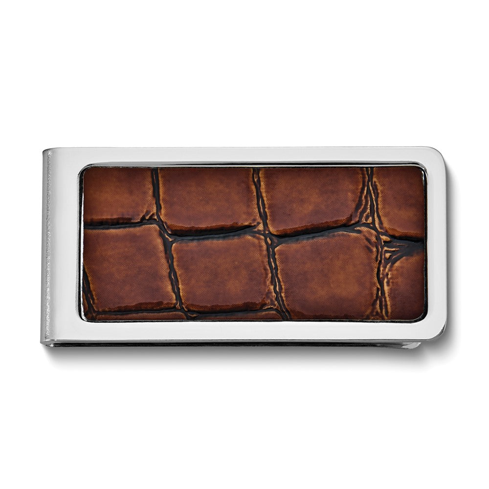 Brown Croco Texture Faux Leather Silver-tone Money Clip