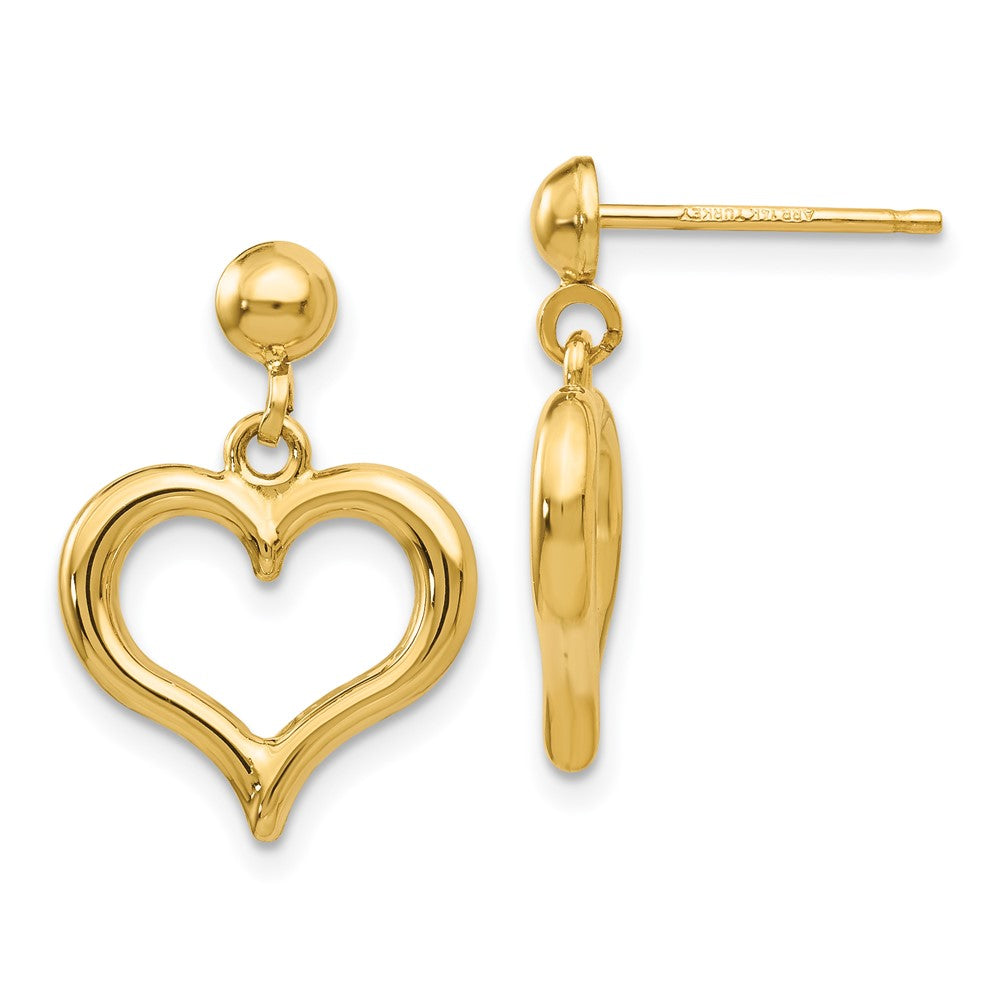 14K Polished Open Heart Dangle Post Earrings, 19 x 13 mm