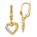 14K and White Rhodium Textured and Polished Heart Leverback Earrings, 26 x 11.75 mm