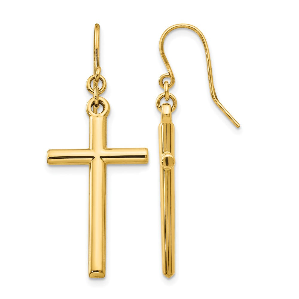 14k Polished Cross Dangle French Hook Earrings, 36 x 14 mm