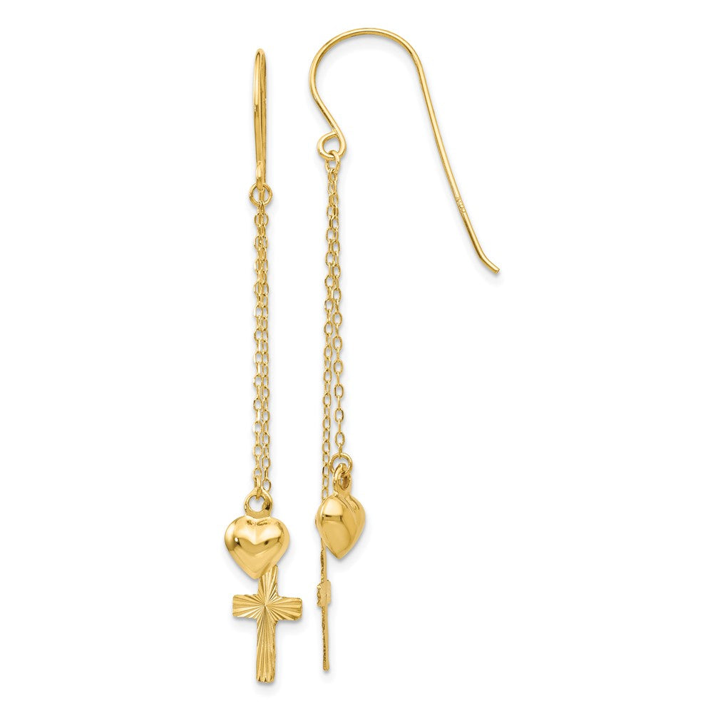 14K Ropa Chain Puffed Heart and Diamond-Cut Cross Dangle French Hook Earrings, 51 x 8 mm