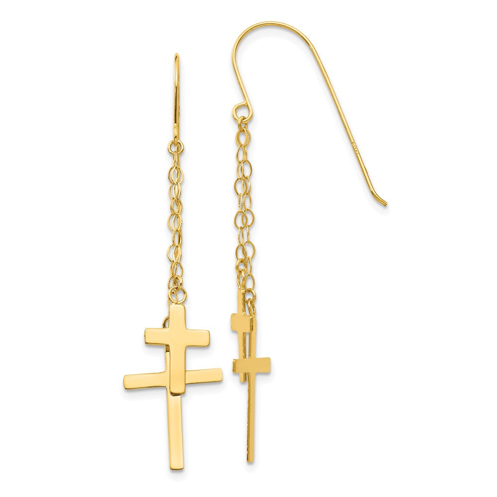 14K Chain Dangle 2-Cross French Hook Earrings, 56 x 12 mm