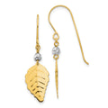 14K Two-tone Stamped Leaf Dangle French Hook Earrings, 35 x 10 mm