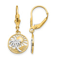 14k and White Rhodium Palm Tree and Sun in Circle Leverback Earrings, 29 x 11 mm