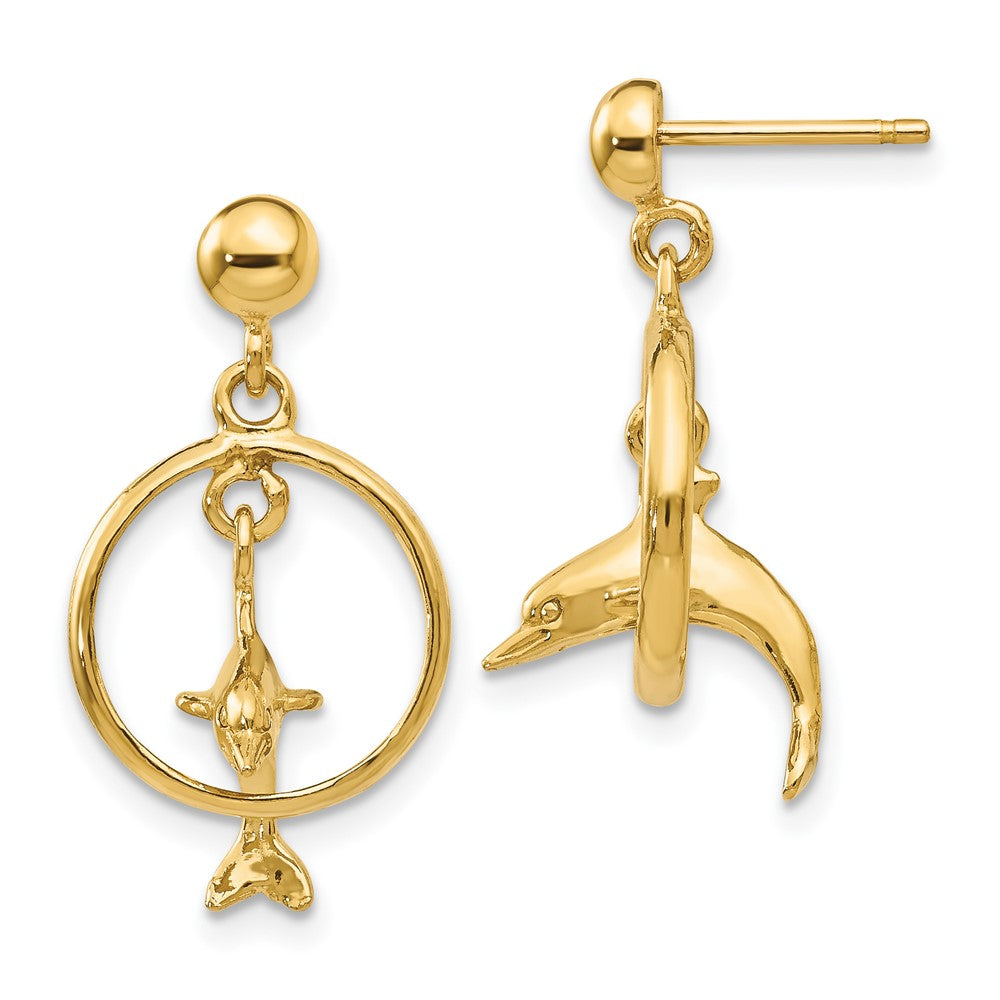 14K Polished 3-D Dolphin Jumping Through Hoop Dangle Post Earrings, 22 x 13 mm