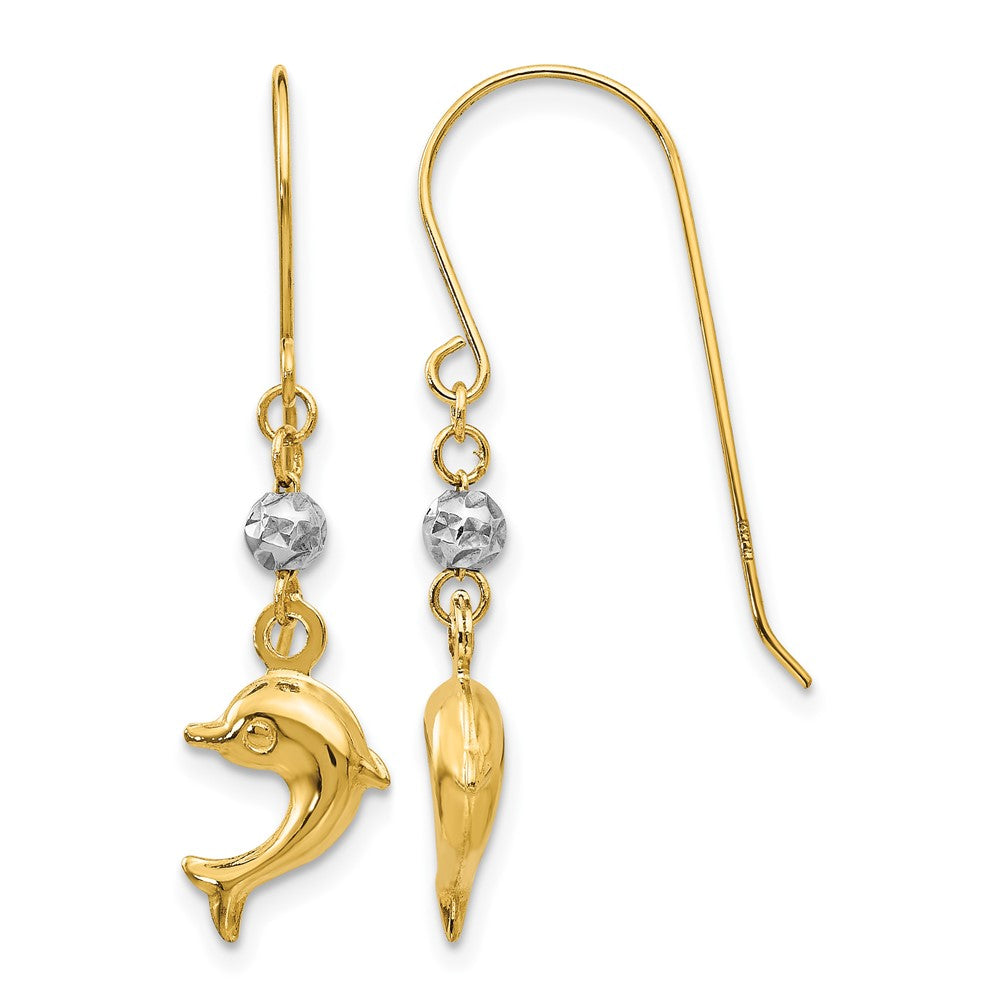 14K Two-tone Puffed Dolphin French Hook Earrings, 33 x 8 mm