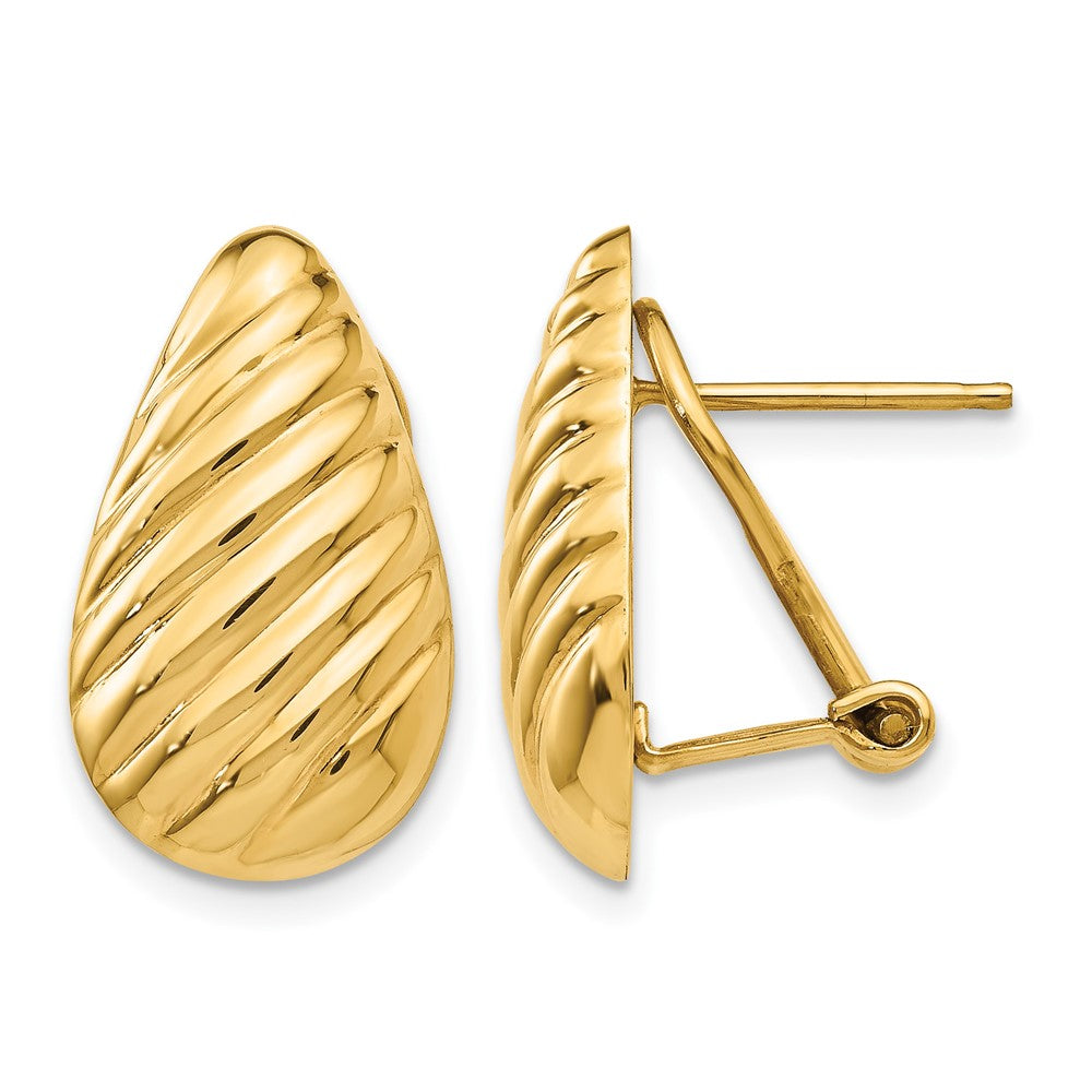 14k 11x20mm Polished Diagonal Stripe Teardrop Omega Back Post Earrings, 20 x 11 mm