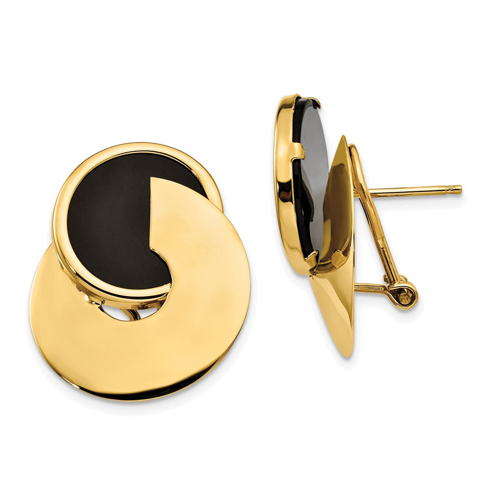 14k Black Onyx Fancy Contemporary Omega Back Earrings, 25 x 20 mm