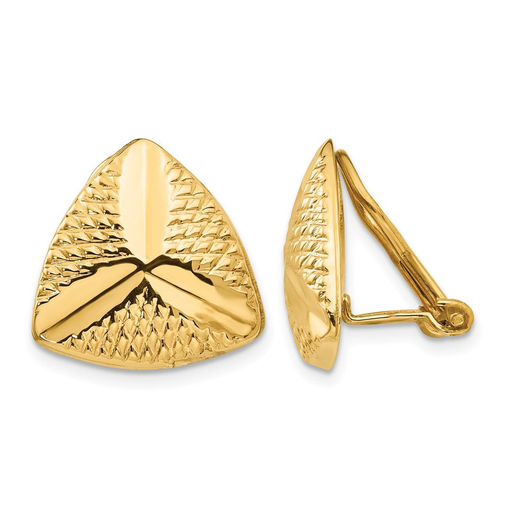 14k 15mm Textured Triangle Omega Back Non-pierced Earrings, 15 x 16 mm