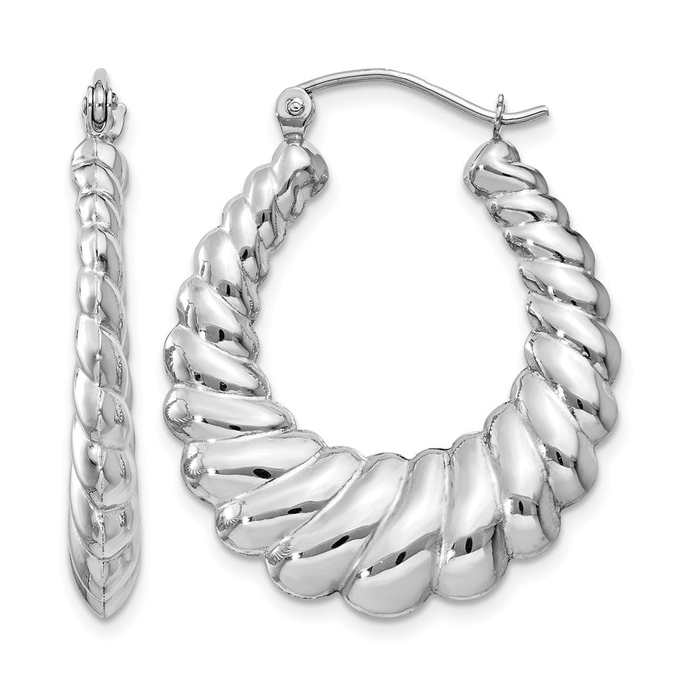 14k White Gold Polished Scalloped Hoop Earrings, 30 x 4.25 mm