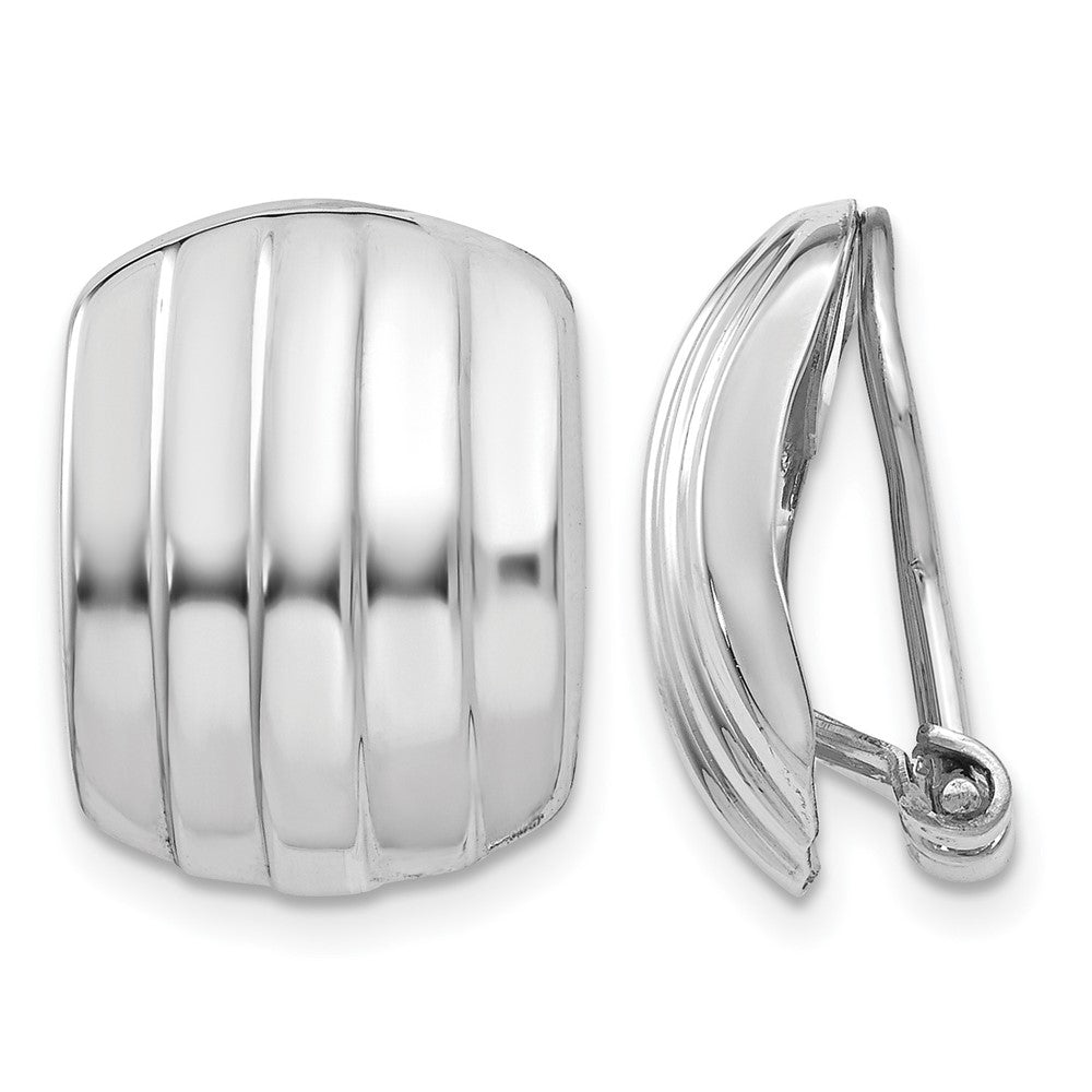 14k White Gold 12x17mm Polished Ribbed Omega Back Non-pierced Earrings, 17 x 12 mm