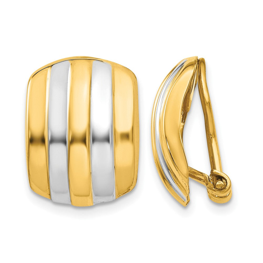 14k and White Rhodium 12x17mm Polished Ribbed Omega Back Non-pierced Earrings, 17 x 12 mm