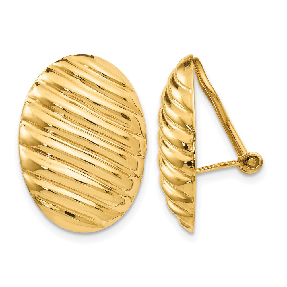 14k 15x21mm Oval Button Polished Striped Omega Back Non-pierced Earrings, 21 x 15 mm