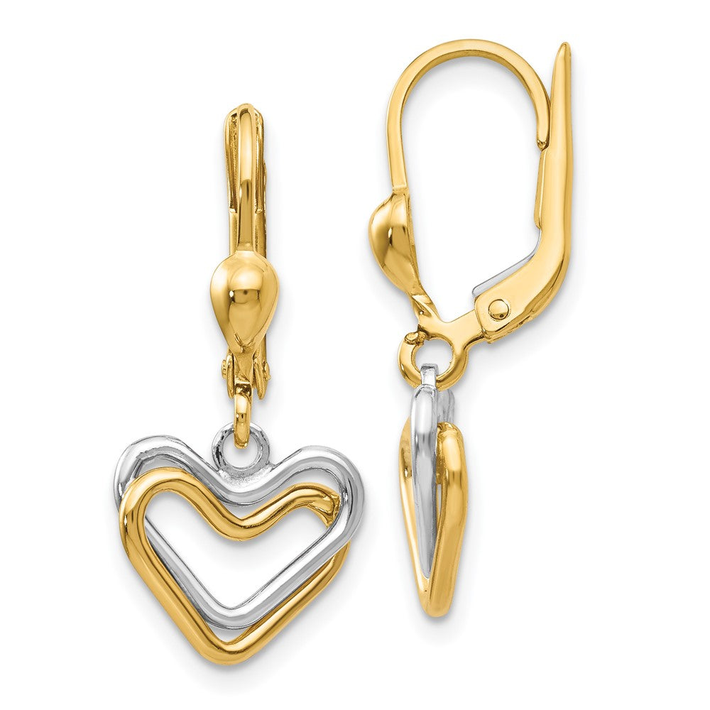 14k Two-tone Open Heart Dangle Leverback Earrings, 28 x 12 mm