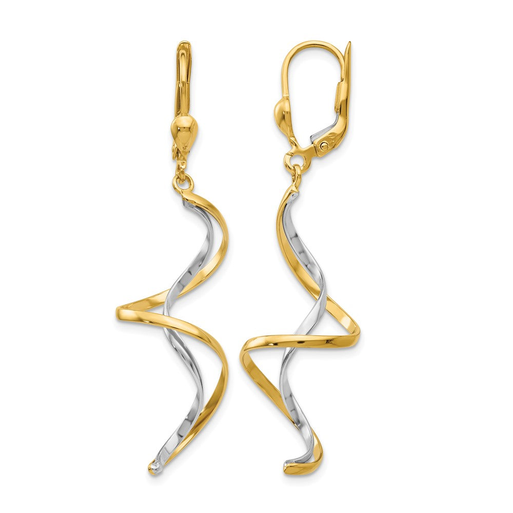 14k Two-tone Spiral Dangle Leverback Earrings, 50 x 14 mm