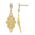 14k and White Rhodium Diamond-cut Filigree Dangle Post Earrings, 36 x 13 mm