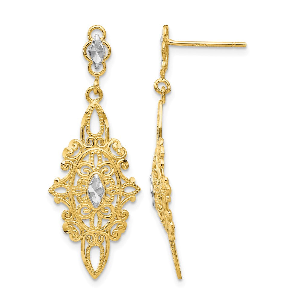 14k and White Rhodium Diamond-cut Filigree Dangle Post Earrings, 36 x 13 mm