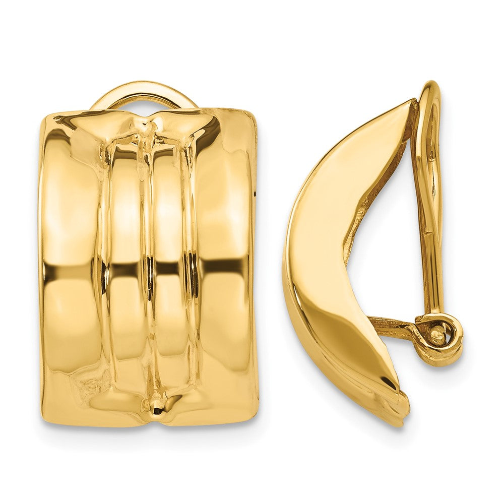 14k 12x16mm Polished Striped Omega Back Non-pierced Earrings, 16 x 12 mm