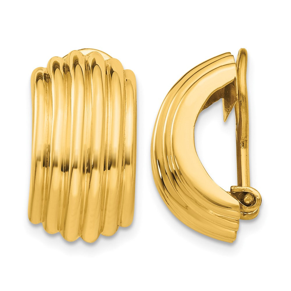 14k 9.5x16mm Polished Ribbed Half Hoop Omega Back Non-pierced Earrings, 16 x 9.5 mm