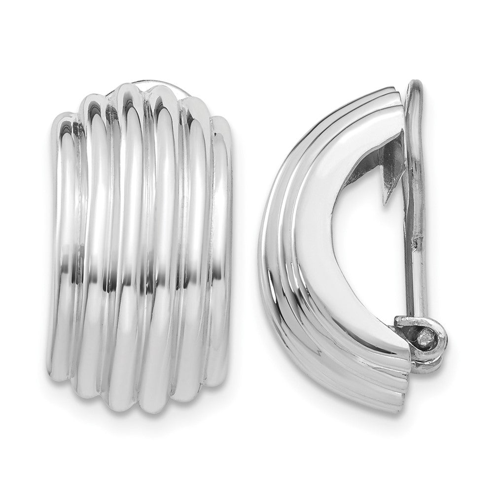 14k White Gold 9.5x16mm Polished Ribbed Half Hoop Omega Back Non-pierced Earrings, 16 x 9.5 mm