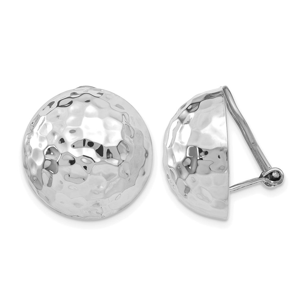 14k White Gold 18mm Hammered Half Ball Omega Back Non-pierced Earrings, 18 x 18 mm