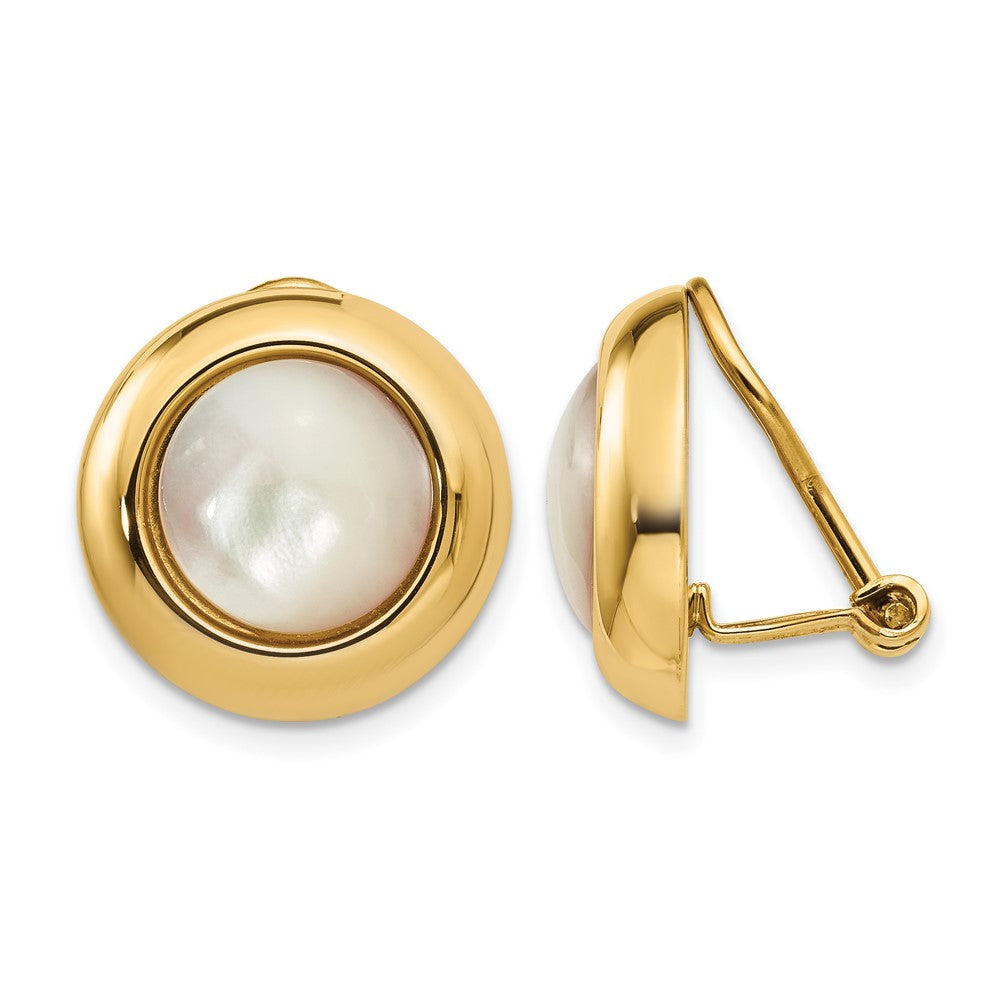 14k Omega Clip Mother of Pearl Cabochon 16mm Non-pierced Earrings, 16 x 16 mm