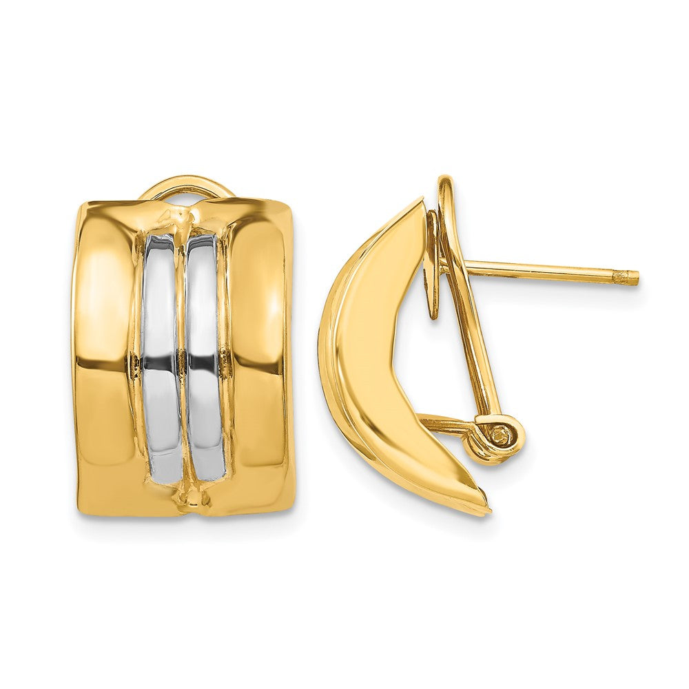 14k and White Rhodium 11.75x20mm Striped Omega Back Post Earrings, 20 x 11.75 mm