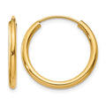 14k 2x20mm Polished Round Endless Tube Hoop Earrings, 20 x 2 mm