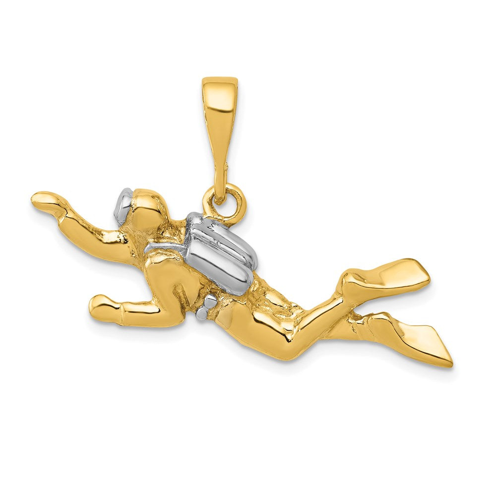 14K and White Rhodium Polished Open-Backed Scuba Diver Pendant, 24 x 38 mm