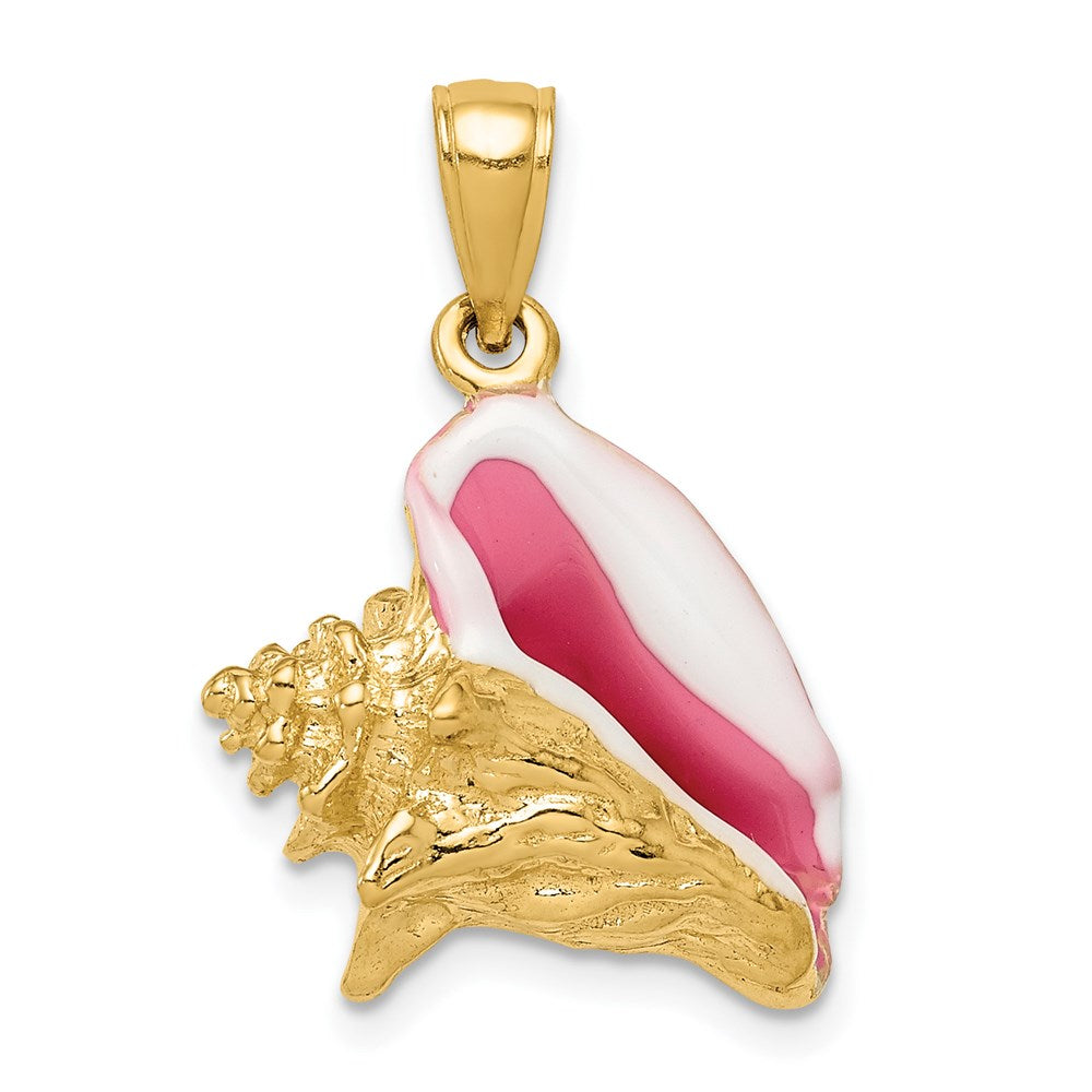 14K Polished 3-D Pink and White Enameled Conch Shell Pendant, 24 x 16 mm