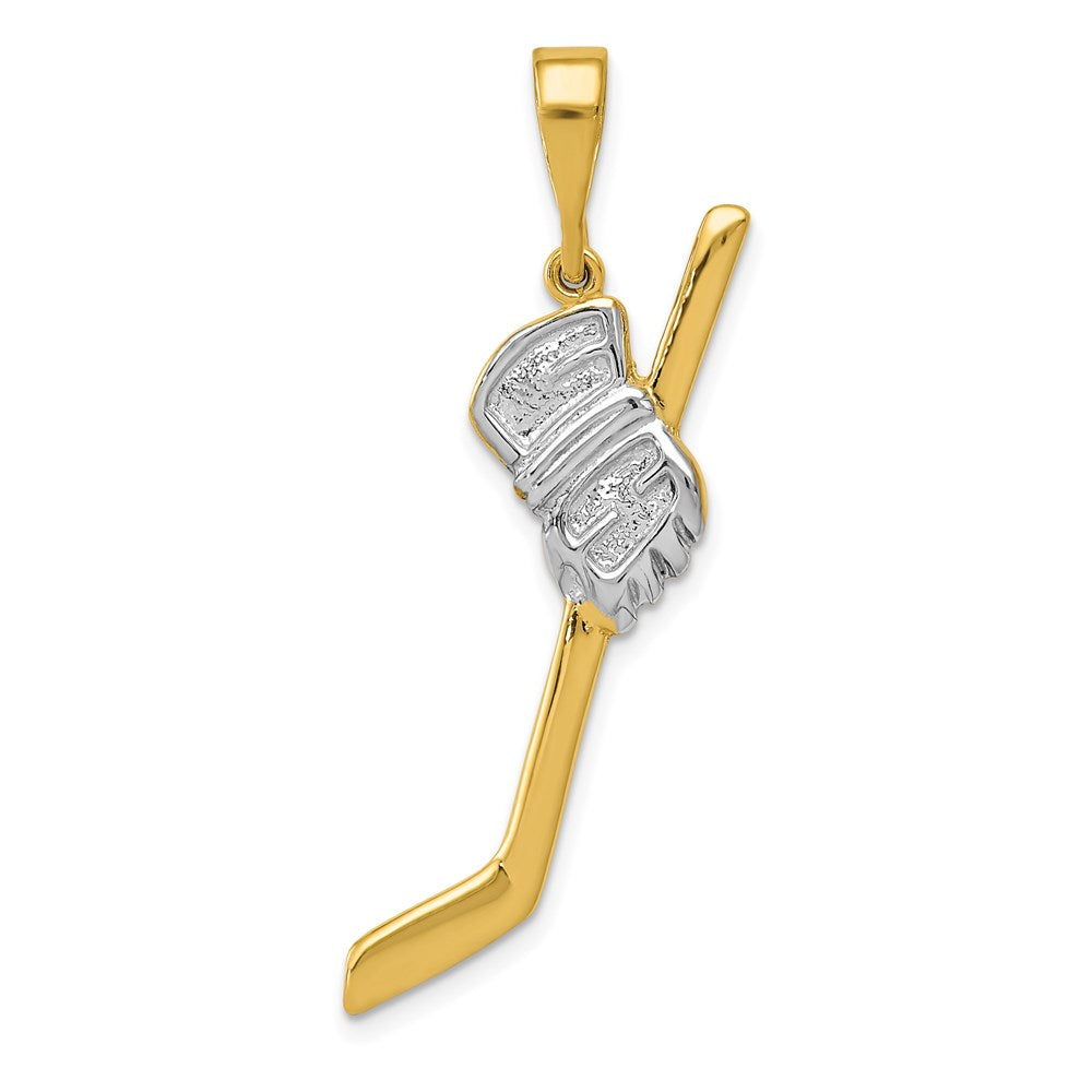 14K and White Rhodium Solid Polished Hockey Stick and Glove Pendant, 42 x 21 mm