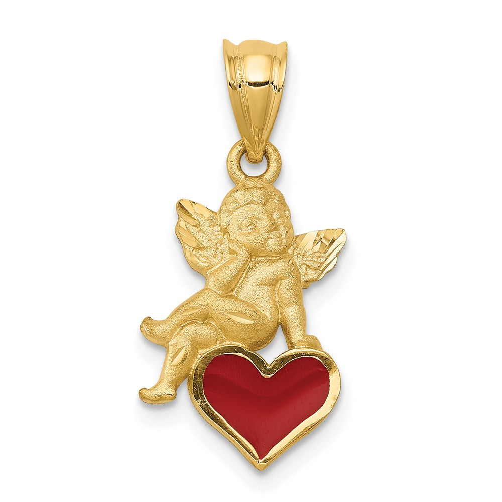 14k Red Enameled Angel on Heart Pendant, 24 x 12 mm