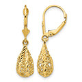 14k Polished Diamond-Cut Filigree Teardrop Dangle Leverback Earrings, 30 x 7 mm
