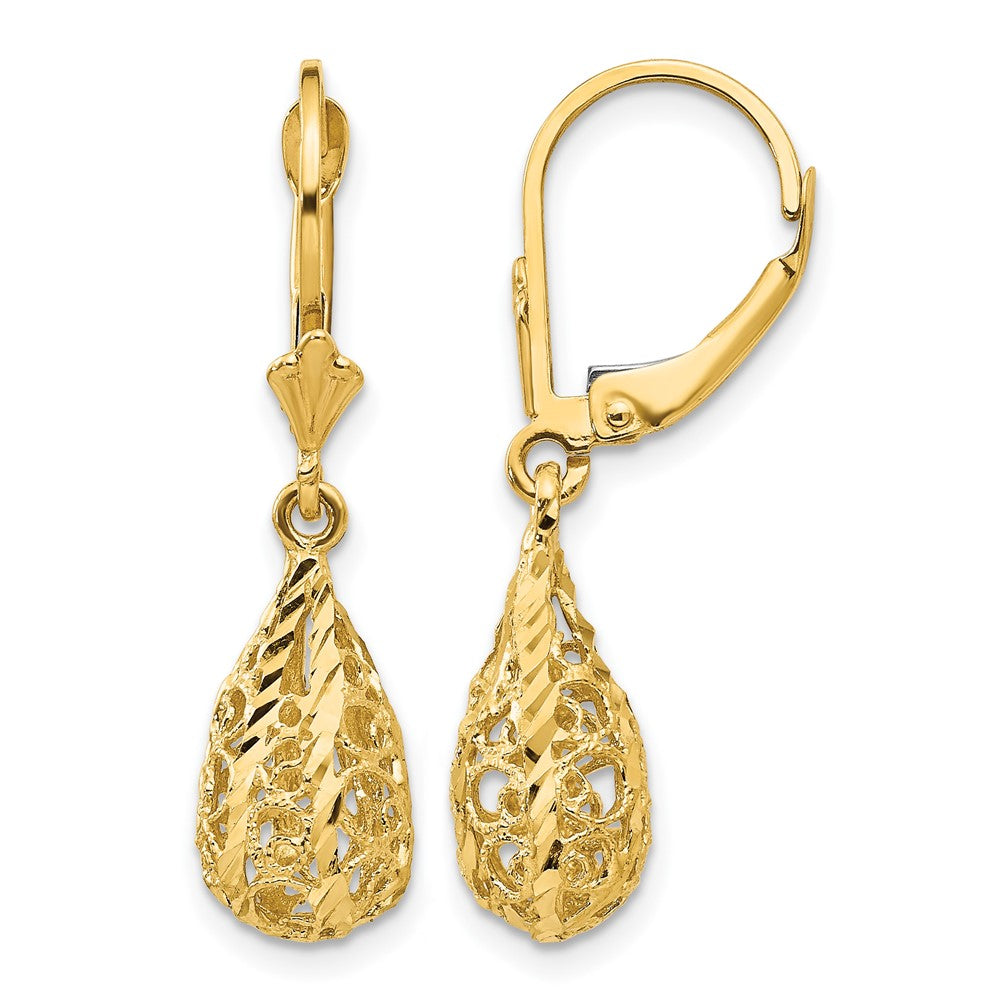 14k Polished Diamond-Cut Filigree Teardrop Dangle Leverback Earrings, 30 x 7 mm