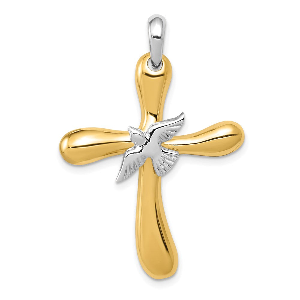 14k Two-tone Dove Cross Pendant, 40 x 26 mm