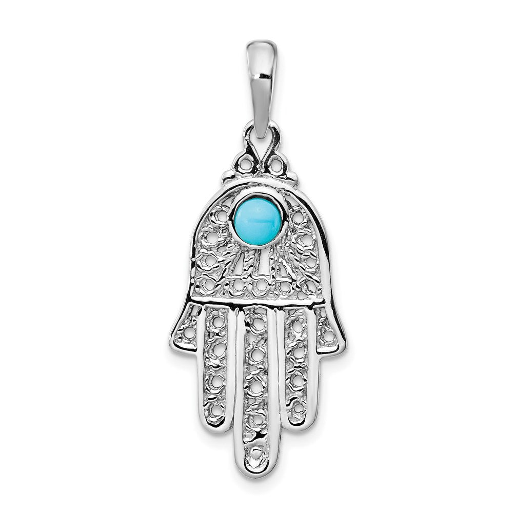 14k White Gold Turquoise Filigree Chamseh Pendant, 35 x 15 mm