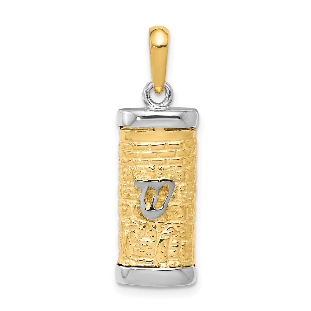 14K Two-Tone 3-D Mezuzah with Shin Pendant, 30 x 10 mm