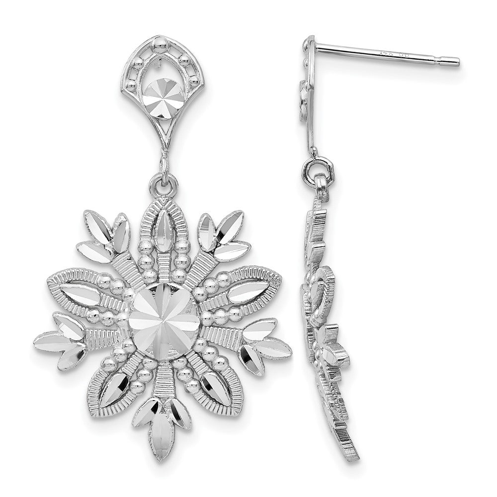 14k White Gold Fancy Snowflake Dangle Post Earrings, 31 x 18 mm