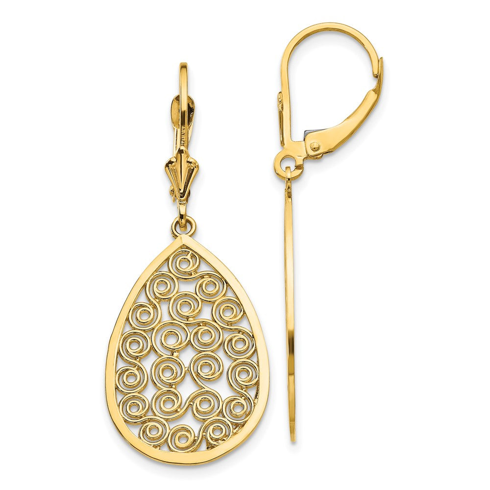 14k Teardrop Filigree Dangle Leverback Earrings, 41 x 16 mm