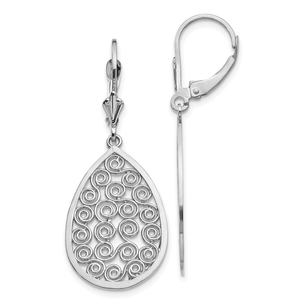 14k White Gold Teardrop Filigree Dangle Leverback Earrings, 41 x 16 mm