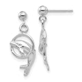 14k White Gold Polished Dolphin Jumping Through Hoop Dangle Post Earrings, 22 x 9 mm