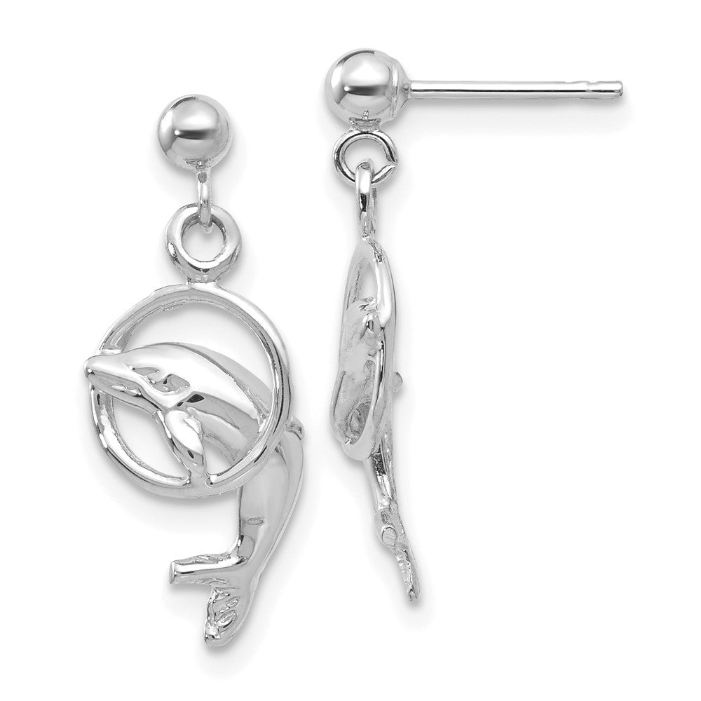 14k White Gold Polished Dolphin Jumping Through Hoop Dangle Post Earrings, 22 x 9 mm