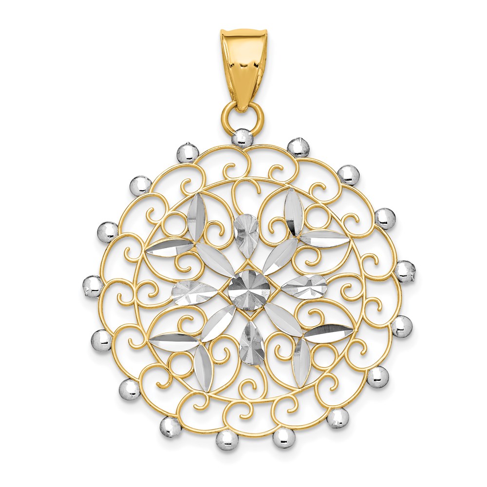 14k and White Rhodium Diamond-cut Filigree Pendant, 43 x 32 mm