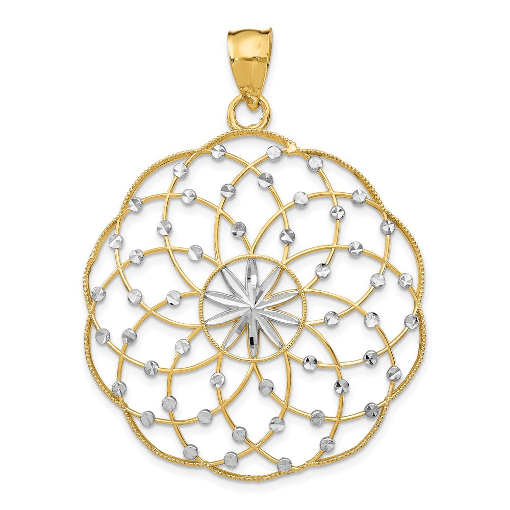 14k and White Rhodium Diamond-cut Spiral Circle Pendant, 50 x 35 mm