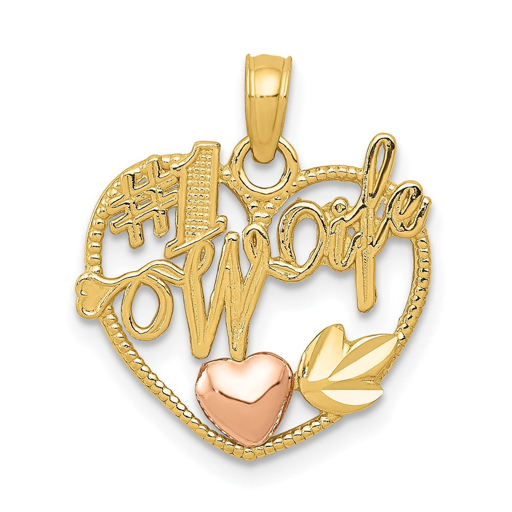14k Two-tone #1 WIFE in Heart with Heart Pendant, 20 x 17.38 mm